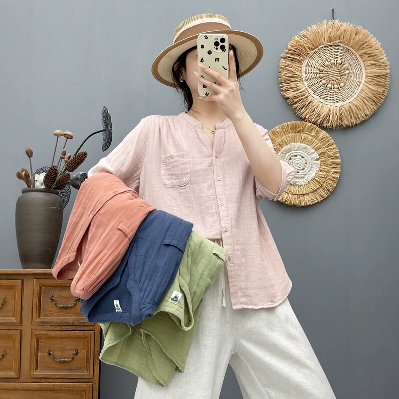 6320-2 Elegant V-Neck Solid Color Soft Double-Layer Cotton Gauze Mid-Sleeve Shirt for Women, 2026 Summer New Casual Top