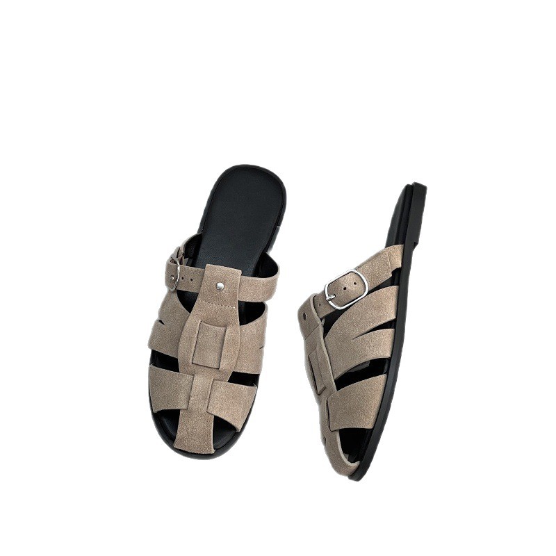 ¡Minimalismo retro! Francia T & R trenzado zapatillas de verano nuevo hueco con hebilla plana zapatillas romanas
