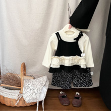 韩版女童套装2025小女孩春秋季儿童假两件木耳花边T恤波点裤套装