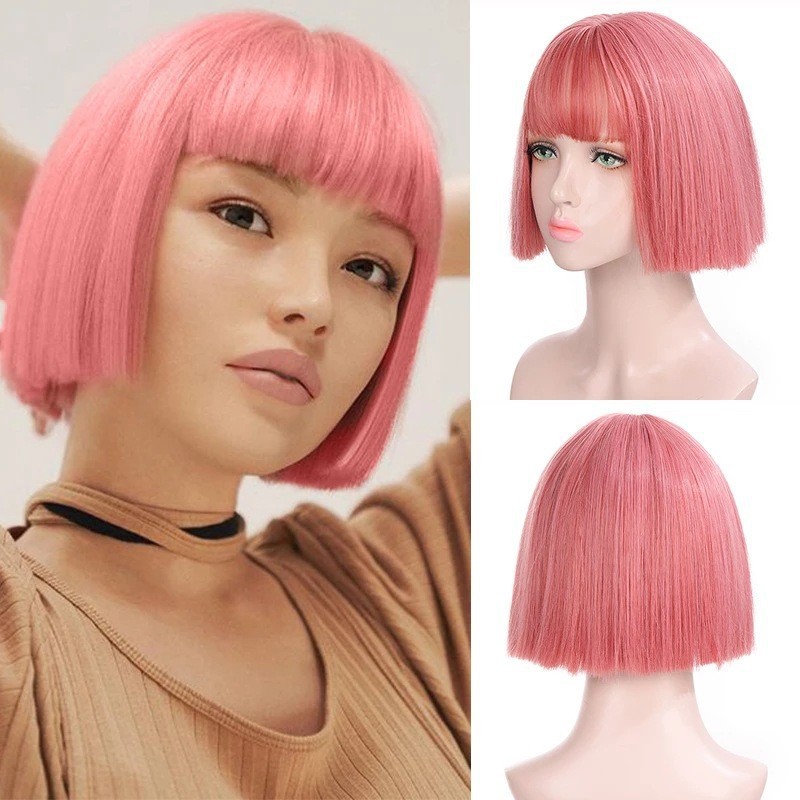 Peluca, cabello corto para mujer, cabello lacio y Qi flequillo, nueva moda, cabeza de Bobo natural, cubierta completa de fibra química, cabello corto completo
