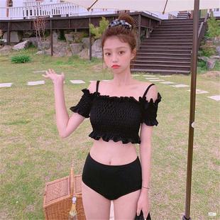 Korean Ins Black Women's Bikini Sexy Slimming Look Small Breasts Push-Up One-Shoulder Split Swimsuit Vacation Swimsuit