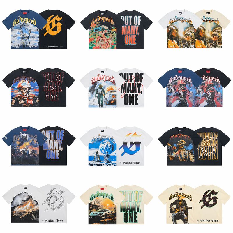 26Ss Cross-Border Retro Skull Band Print T-Shirt High Weight American Fashion Pure Cotton High Street Round Neck Loose Fit Unisex T-Shirt 26Ss Cross-Border Retro Skull Band Print T-Shirt High Weight American Fashion Pure Cotton High Street Round Neck Loose Fit Unisex T-Shirt