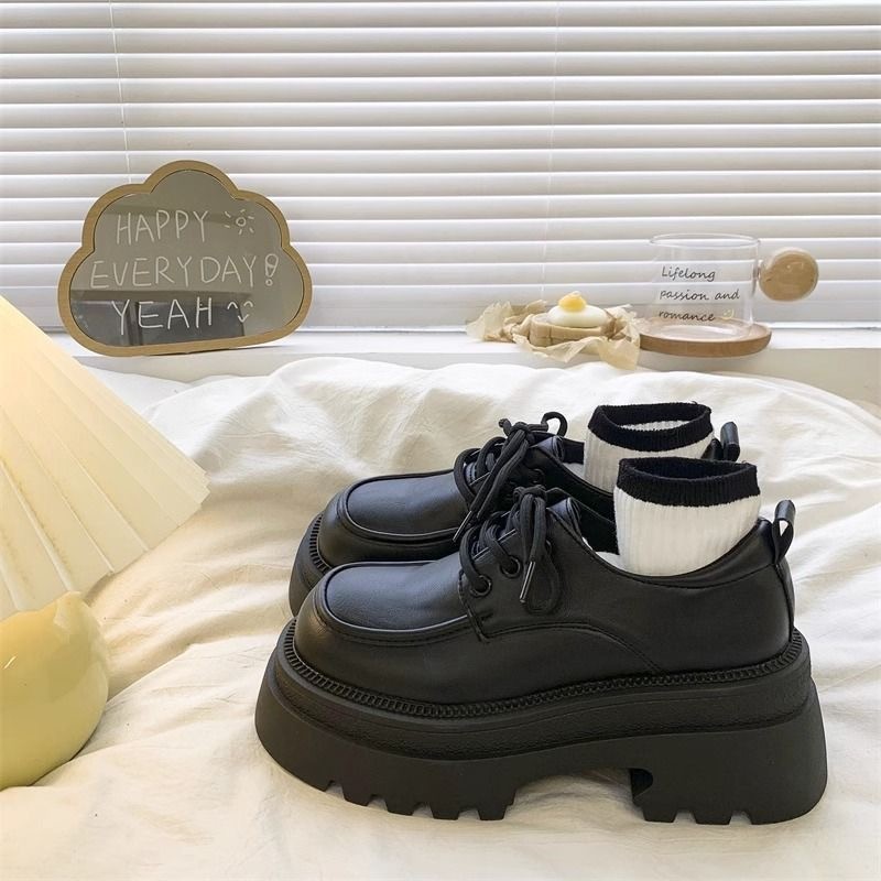 Cross-Border British Style Thick-Soled Leather Shoes for Women, 2026 Spring New Model, Retro Versatile Lace-Up Loafers for Petite Individuals