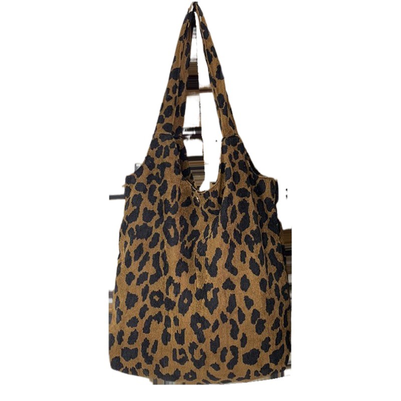 Bolso de lona con estampado de leopardo para mujer, bolso de hombro elegante y versátil, bolso estilo ins, bolso de pana con estampado de leopardo.