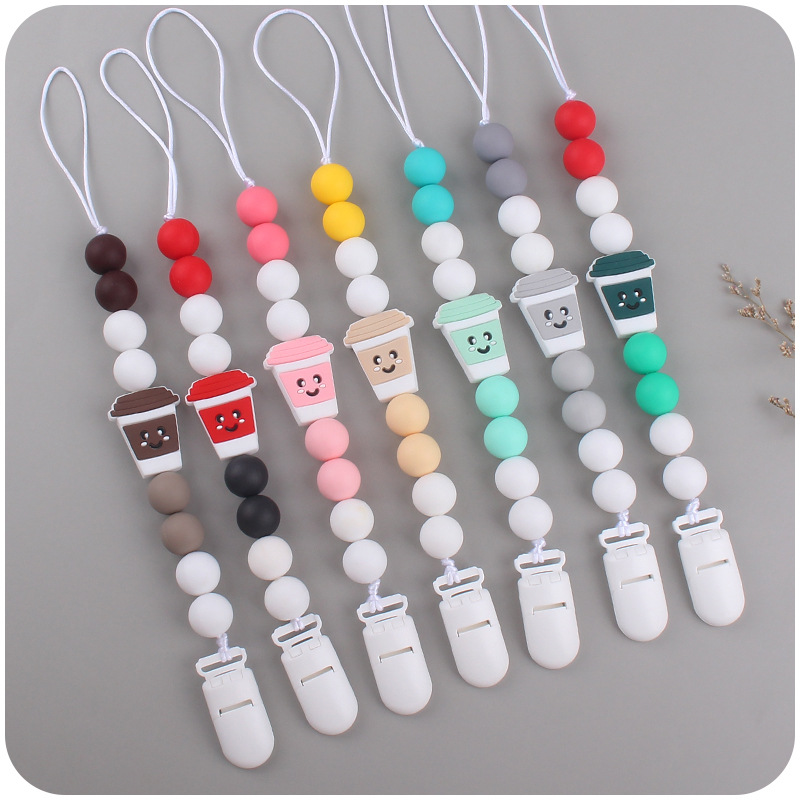 Nuevo bebé suministros de dibujos animados taza mordedor calmante bebé DIY silicona chupete cadena mordedura molar traje