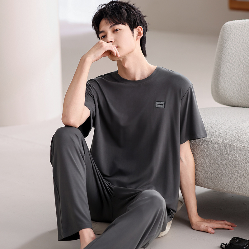 男性用パジャマ夏の新しいモーダル半袖ズボン 2 点セットティーンエイジャー薄型スタイルは家の服の外で着用できます大きいサイズ|undefined