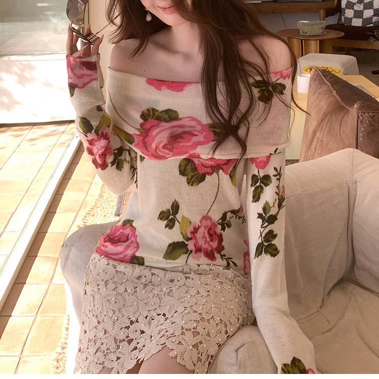 Soft and Romantic French-Style Rose One-Shoulder Long-Sleeve Knit Top for Women, 2026 Summer New Knit Printed Top Soft and Romantic French-Style Rose One-Shoulder Long-Sleeve Knit Top for Women, 2026 Summer New Knit Printed Top