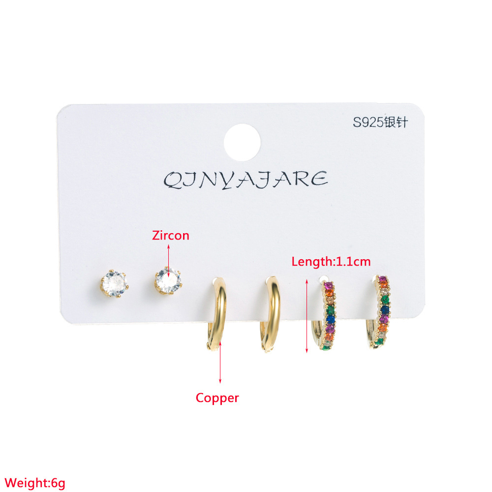 Fashion C Shape Copper Earrings Plating Inlay Zircon Copper Earrings 3 Pairs