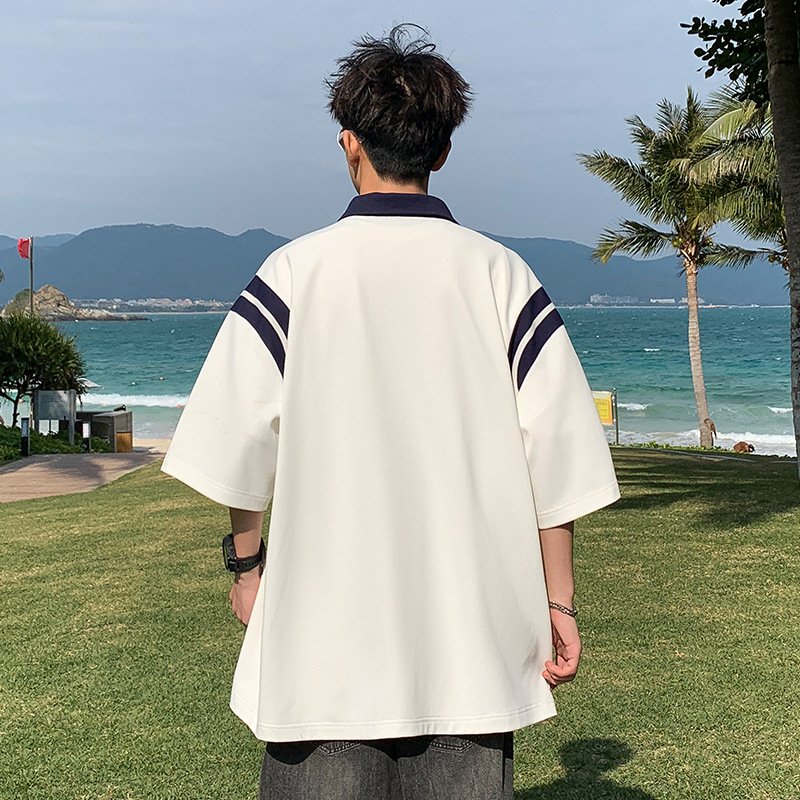Men's Polo Shirt, Short-sleeved, Summer, Japanese Heavy-duty T-shirt, College Style, Youth, Color-blocking,_voghion.com