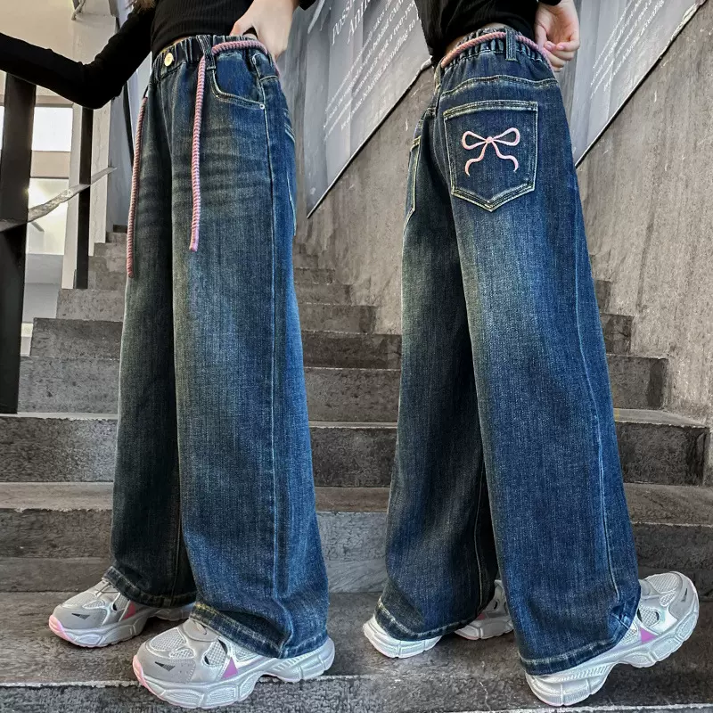 女童蝴蝶结牛仔裤春秋装2025新款韩版洋气阔腿裤儿童15岁宽松长裤