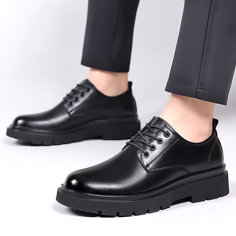 Men's Leather Shoes Spring and Autumn British Thick-Soled Derby Shoes Men's Formal Wedding Black Low-Cut Boots Business Casual