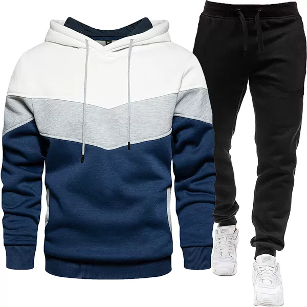 Cross-Border Foreign Trade Men's Sports Suit, Fashionable and Casual, Spring and Autumn Three-Color Patchwork Hooded Sweatshirt and Pants Set
