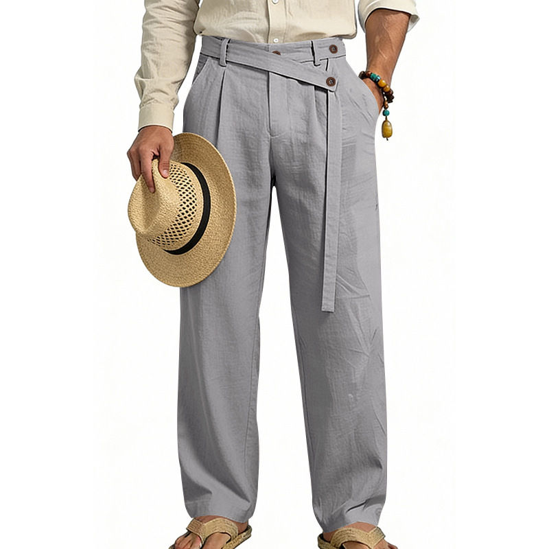 Men's Solid Color Linen Pants Simple Loose Fit High End Straight Leg Casual Midweight Polyester Long Trousers_viptrois.com