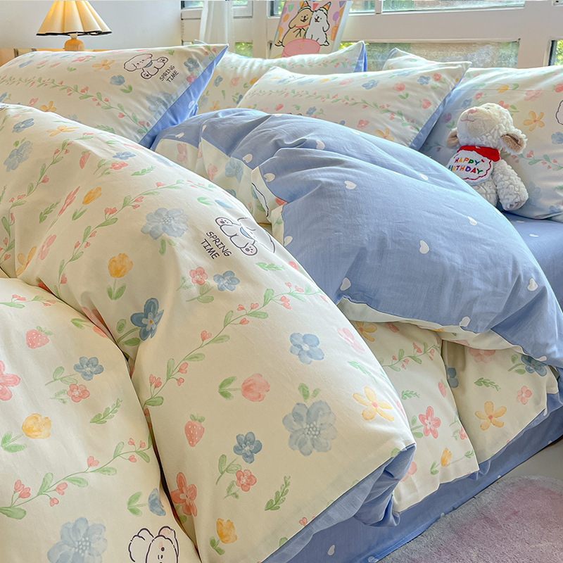 Cama de algodón cuatro piezas de sábanas de algodón cubierta dormitorio único pequeño fresco tres piezas de Nantong ropa de cama al por mayor