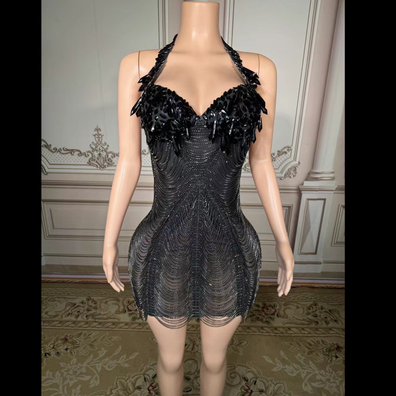 Elegant and Fashionable V-neck Casual Hanging Neck Slim-fit Diamond Beaded Tight-fit Diamond Tassel Mini dress Women's Clothing Elegant and Fashionable V-neck Casual Hanging Neck Slim-fit Diamond Beaded Tight-fit Diamond Tassel Mini dress Women's Clothing