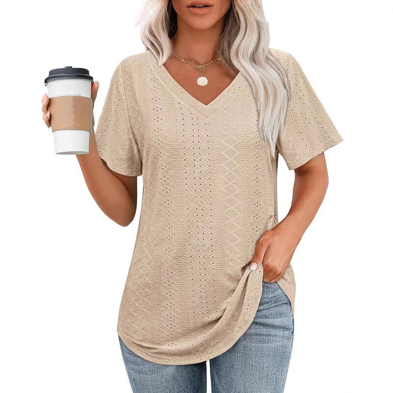 Amazon European and American Cross-Border 2025 Spring/Summer New Women's Hollow-Out Breathable Casual V-Neck Short-Sleeve T-Shirt Top