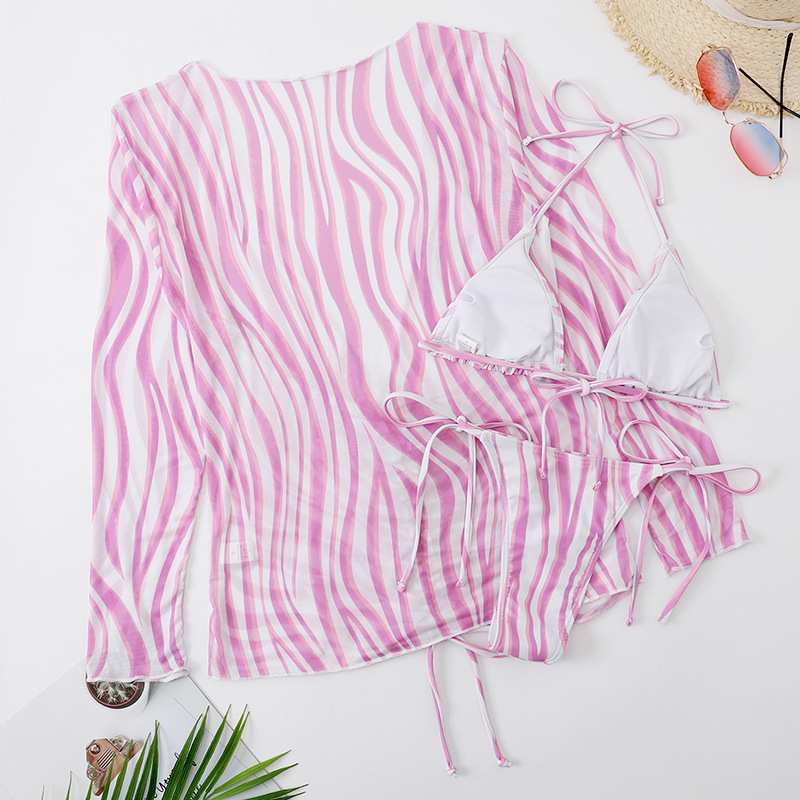 151g Weight Sleeveless Sleeve Length Polyester Fabric Type 3 Pieces Set Quantity Swimming Pool, Beach Occasion Strap Neckline Skinny Fit Type Color Block, Stripe, Leopard Pattern Women's Gender Sexy, Beach Style Women's Sexy Beach Color Block Stripe Leopard 3 Pieces Set Bikinis Swimwear 21