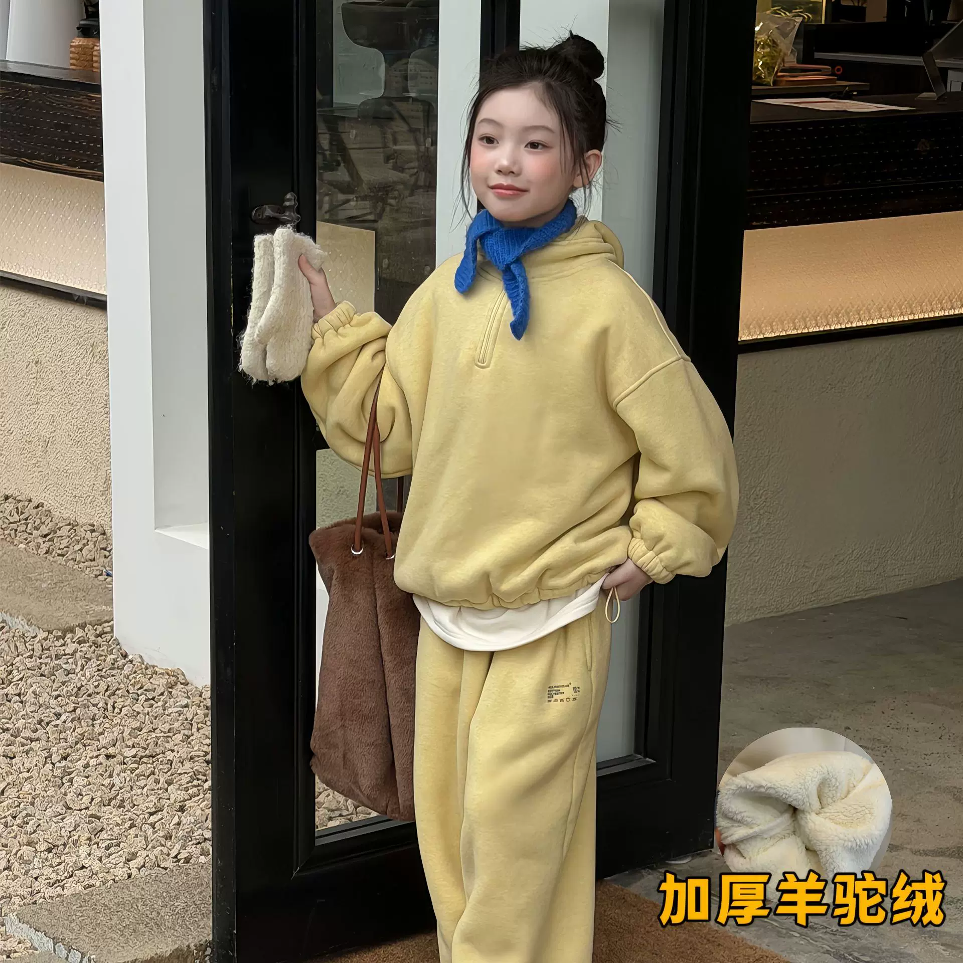 花与寻童装女童套装2025冬季新款糯米绒连帽加厚套装保暖两件套潮