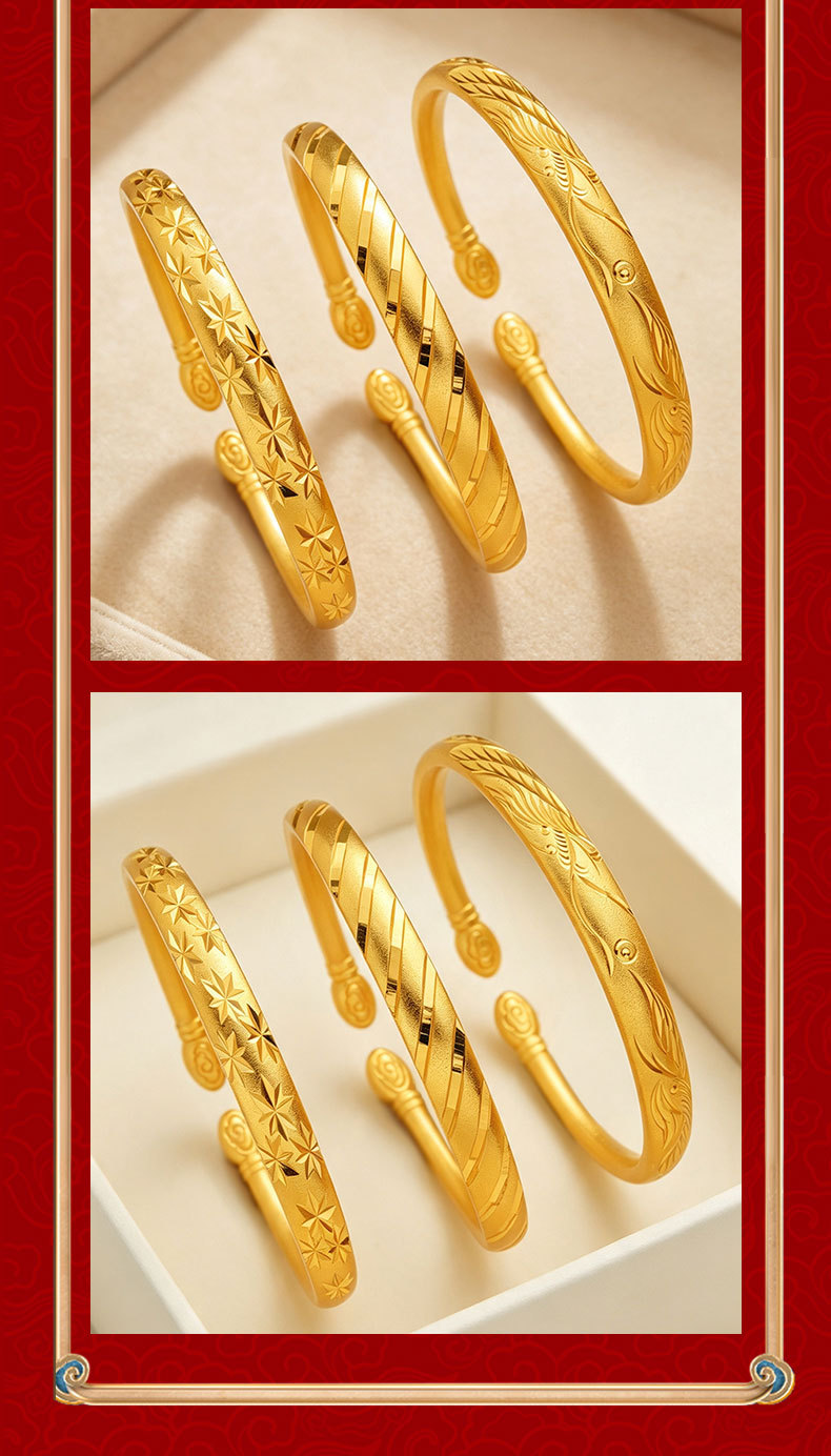 Vietnam Sand Gold Dragon Phoenix Heart Sutra Open Bangle Women's Trendy Copper Gold-Plated Engraved Hundred Blessings Heart Sutra Bracelet Jewelry