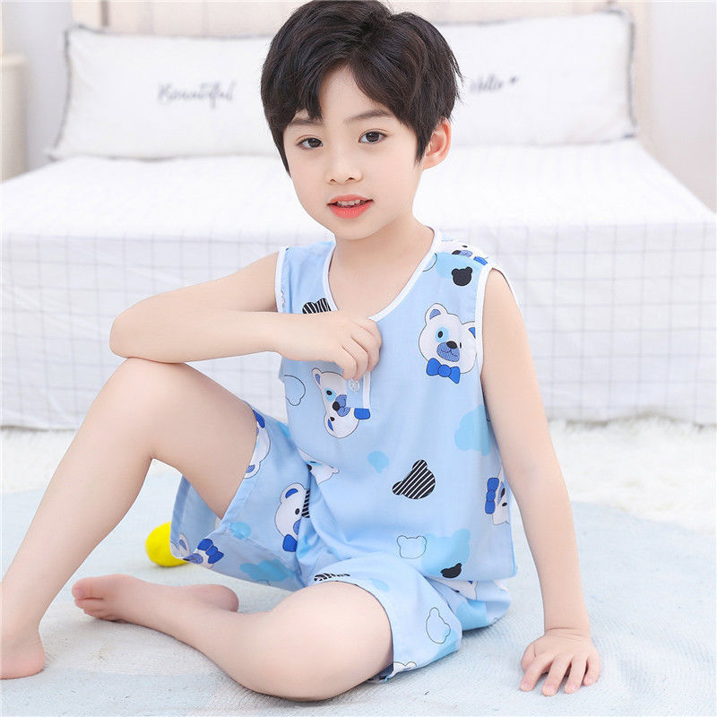 Children's Cotton Silk Vest Shorts Set Baby Pajamas Air-conditioned Clothes Girls Boys Cotton Silk Medium and Large Kidsren's Home Clothes Thin