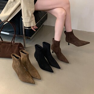 2024 Autumn and Winter New Skinny Suede Fashion Commuter Ankle Boots Thin Heel Ankle Boots French Elegant Pointed Stretch Boots for Women