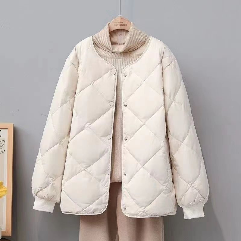 小香风女款无领菱形格小个子内搭轻薄保暖短款圆领冬季棉服外套|undefined