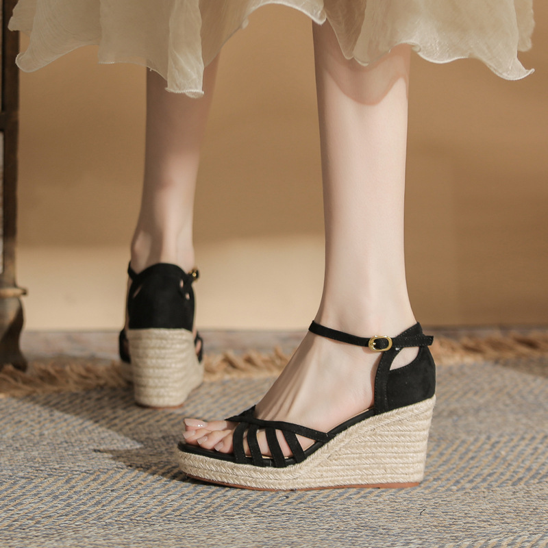 Sandal cao gót nữ hở mũi đế xuồng bọc dây thừng gót 9 cm — màu đen