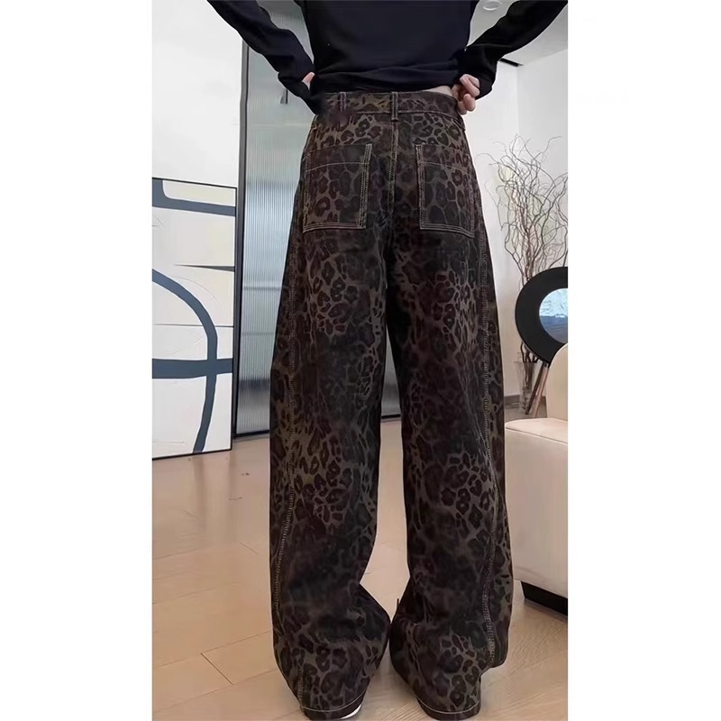 大码豹纹高街牛仔裤女2025春季新款洋气高腰显瘦直筒休闲阔腿长裤|undefined