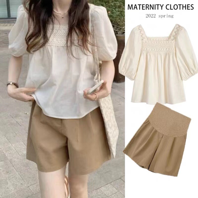 Hollow lace doll shirt square collar shirt + belly support shorts two-piece maternity clothes