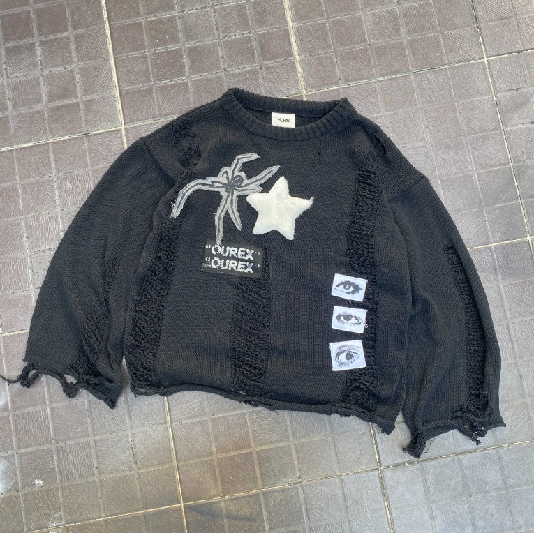 Transfronterizos otoño y invierno estilo americano retro oscuro sensación de diseño araña collage suéter hombre y mujer desgastado chaqueta de punto de moda