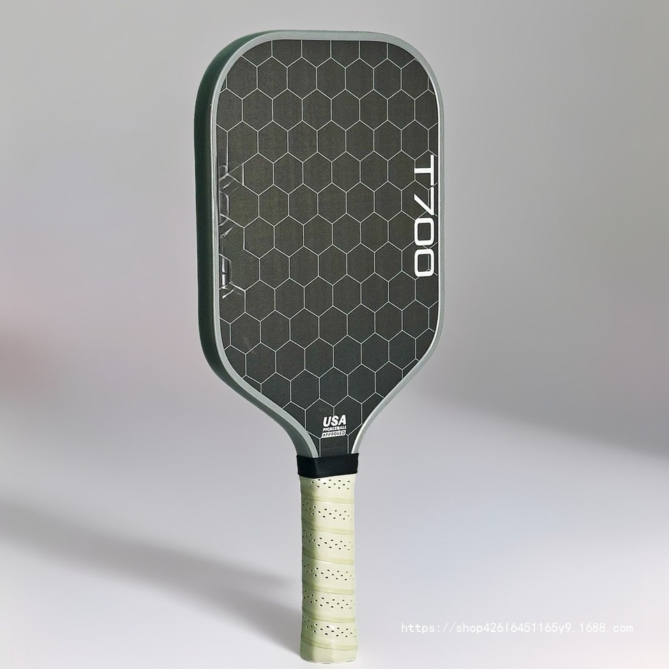 T700 carbon fiber pickleball paddle, carbon friction surface, polymer honeycomb core, enhanced power, spin