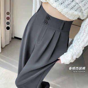 2025 New Double-Button Wide-Leg Suit Pants for Women with Pear-Shaped Body, Fashionable and Lazy Floor-Length Straight High-Waisted Long Pants