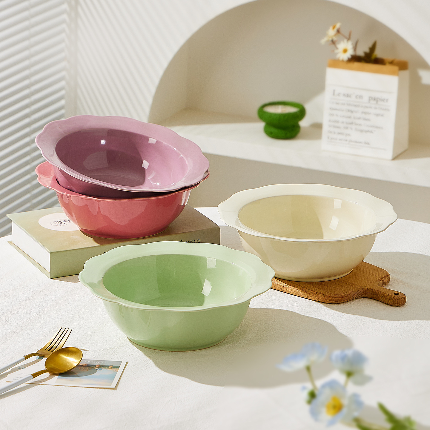 cream style boiled fish with pickled cabbage and chili large basin bowl 2026 new household large double ear ceramic soup bowl soup basin noodle bowl underglaze color