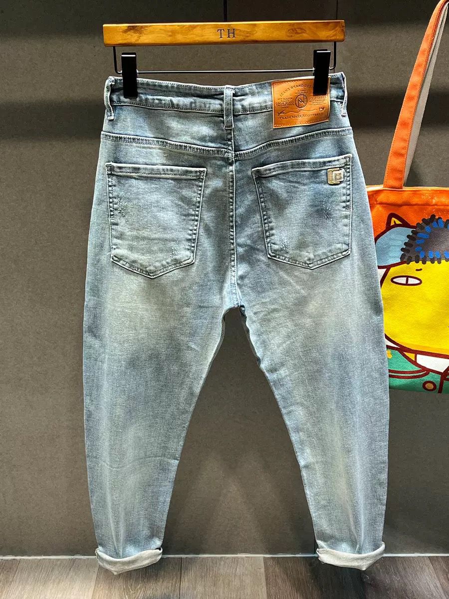 Men's Trendy Ripped Cropped Jeans Light Colored Summer Thin Distressed Tapered Harem Pants New_mkmklike.com
