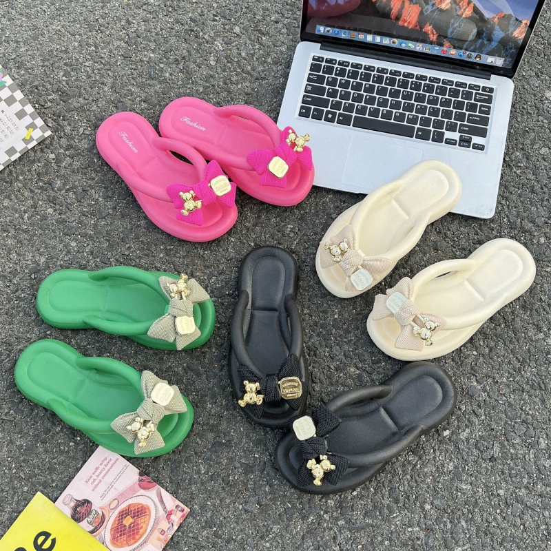 Новые летние шлепанцы в сказочном стиле, модная пляжная обувь, шлепанцы с медведями, верхняя одежда на толстой подошве в сладком стиле