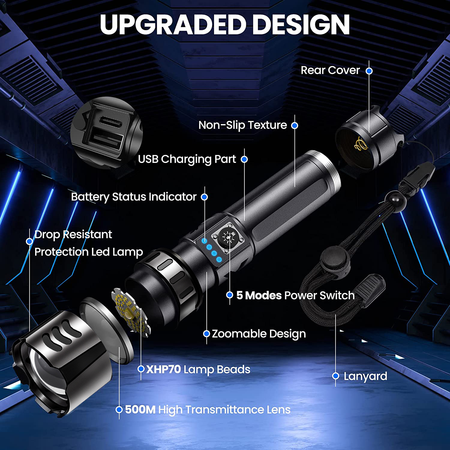 Transfronterizo XHP70 luz fuerte linterna táctica recargable al aire libre portátil zoom linterna láser blanco