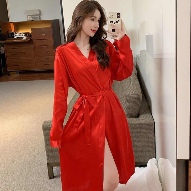 Camisón de otoño e invierno, dama de honor de seda de hielo femenino, bata de la mañana, bata de baño sexy, estilo de hotel, servicio a domicilio suelto de gran tamaño para damas