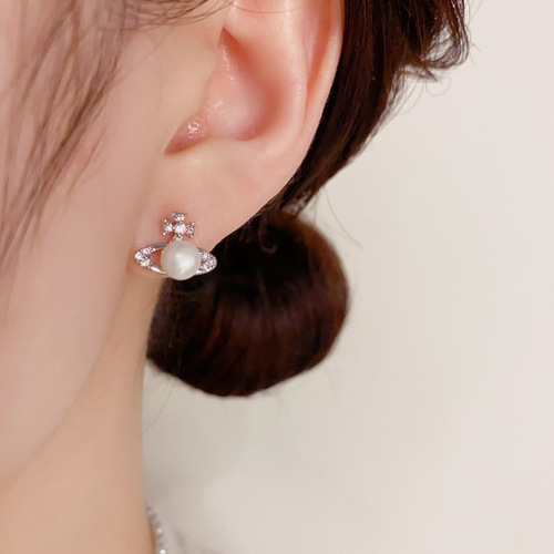 s925 silver needle micro-paved zircon pearl Saturn earrings exquisite small simple earrings temperament light luxury versatile earrings