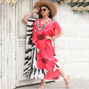 Cross-border European and American beach blouse V-neck bohemian dress plus size dress bikini sun protection shirt 5D83
