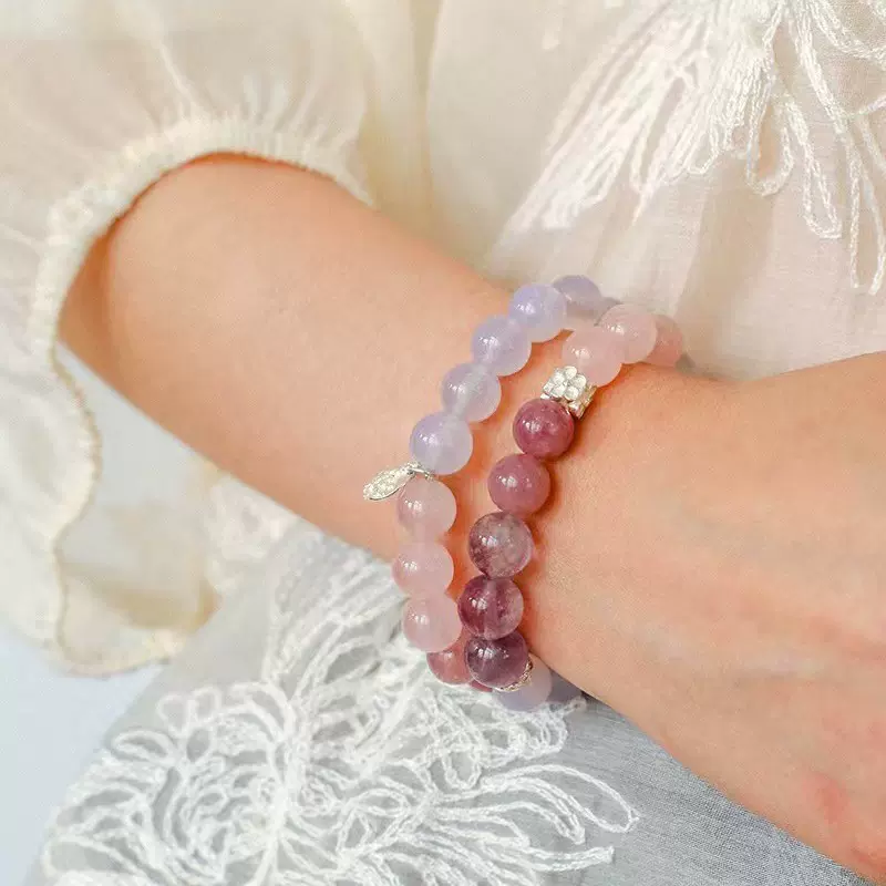 25年夏日粉色系水晶串珠手链女国风小众叠戴925银配件紫玉髓手串