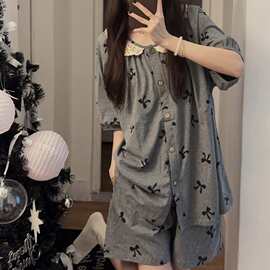 夏季纯棉蝴蝶结花边双短女睡衣