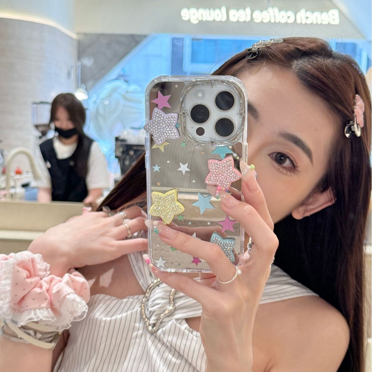 Espejo coreano estrellas de colores para Apple 16ProMax funda para teléfono móvil 15Pro estéreo 14/13 nuevo 15PM