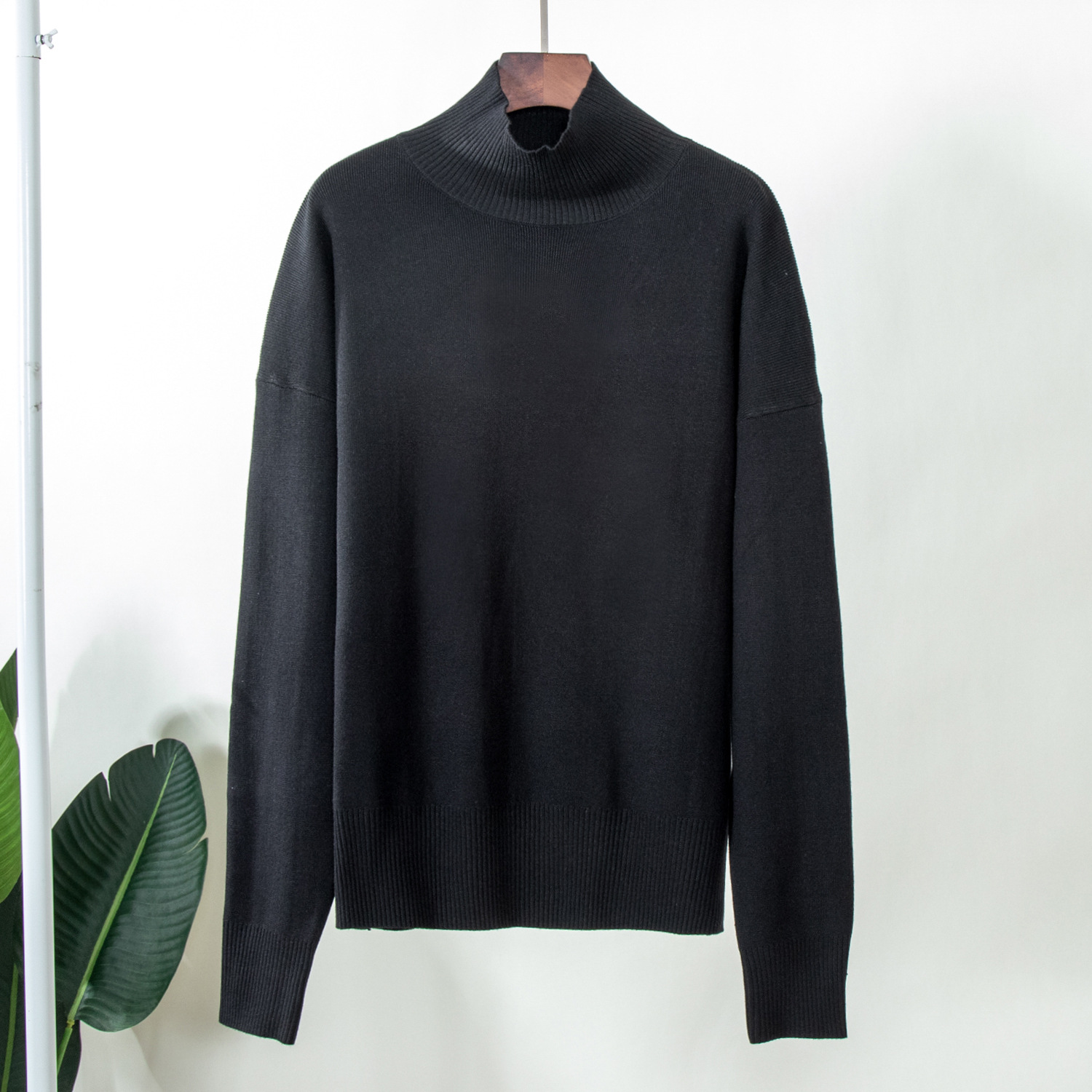 Pull tricoté à col semi-haut de couleur unie pour la mode automne-hiver, pull chaud simple et ample_voghion.com