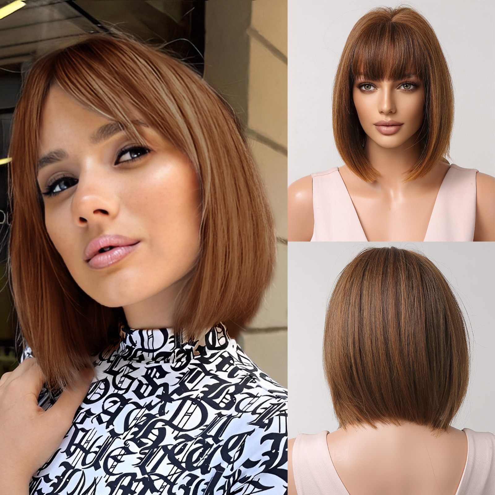 Peluca Bob Corta y Lisa para Mujer de Fibra Sintética, Con Flequillo, Refrescante, para Verano image 17