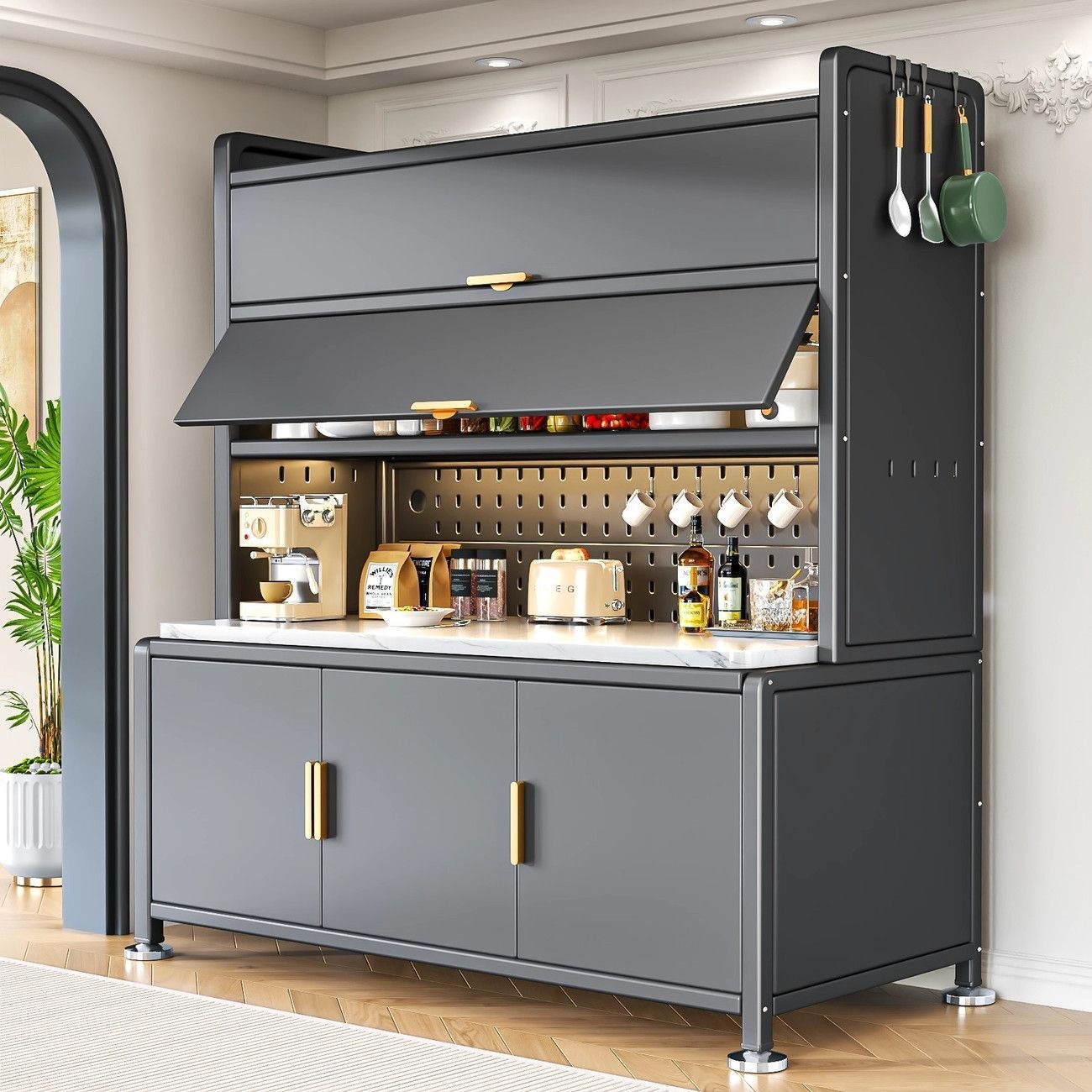 Carbon steel sideboard, wall-mounted kitchen storage, multi-layer cabinet, household floor-standing, extra-thick, dustproof, for storing appliances, bowls, and utensils