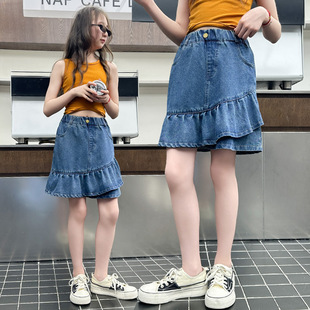 Summer Girls' Ruffled Denim Skirt Foreign Trade Medium and Large Children's Korean Style Denim Skirt Summer Children's Denim Skirt