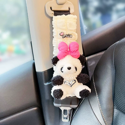 Seat belt shoulder pad Cute Car Four Seasons Universal - rose-red-bow-panda-puff-shoulder-cover-one
