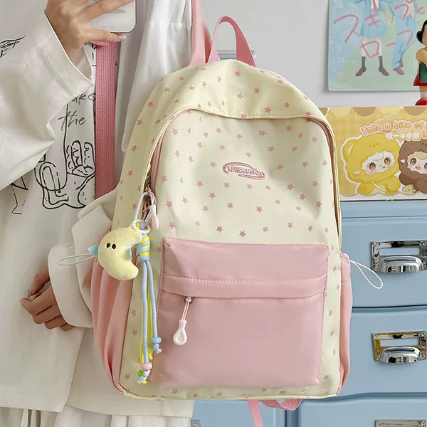 Cute Color-Blocking Backpack for Girls, Star-Patterned, Cute and Fresh Style, Large Capacity Backpack for Middle School, High School, and College Students