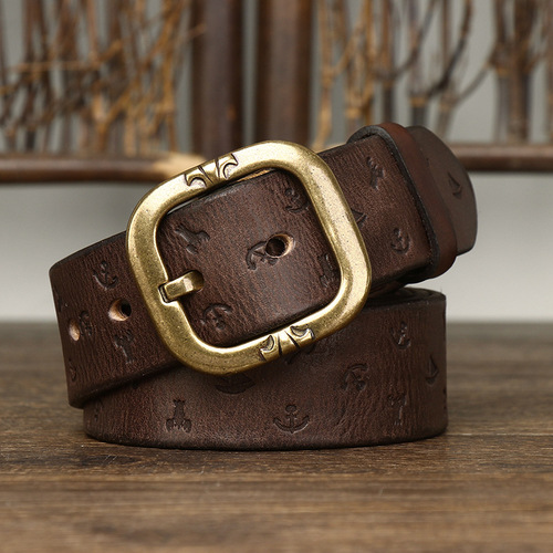 3.8CM wide new style Korean version personalized machine embossed vegetable tanned belt men's genuine leather pure cowhide pin buckle belt men's style