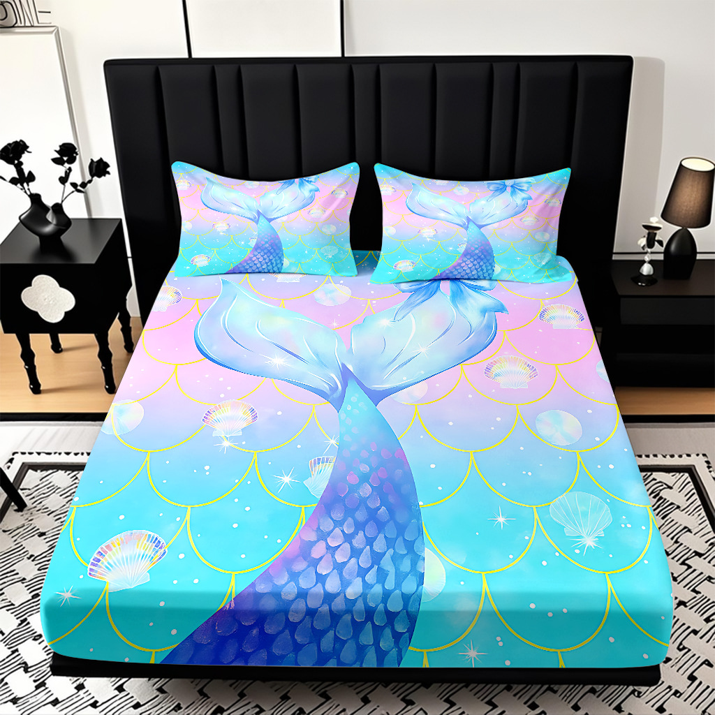 Modo JIT Temu serie de dibujos animados de sirena textil doméstico impresión digital cama de cama de cama kit fábrica de procesamiento